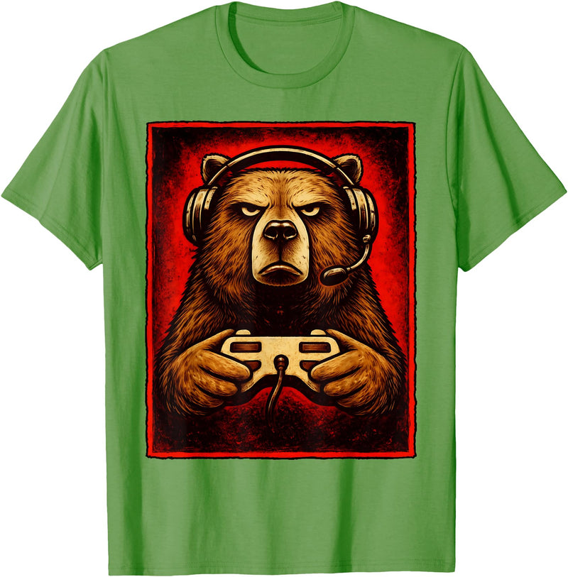 Funny Gaming Bear Gamer Graphic Gamer Bear Graphic Funny Gaming Animal Grizzly Bear Costume T-Shirt - Grass Green