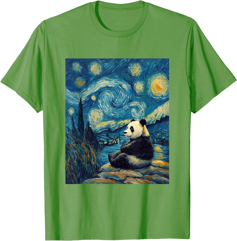 Bear Designs. Cute Panda Bear Van Gogh Style Starry Night Graphic T-Shirt - Grass Green