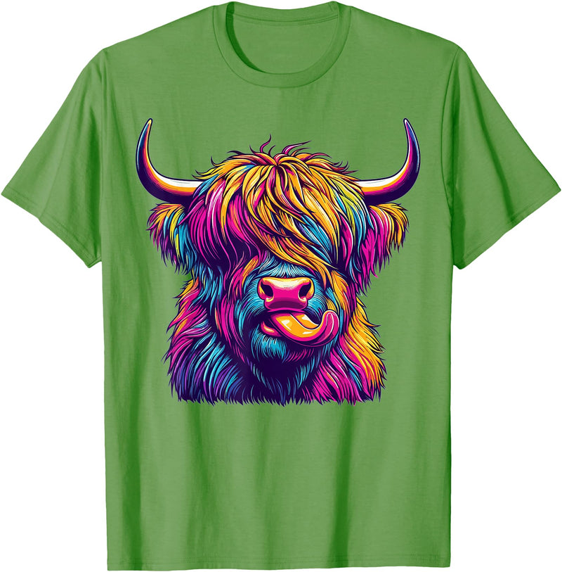 Funny Highland Cow Lover Colorful Highland Cow T-Shirt - Grass Green