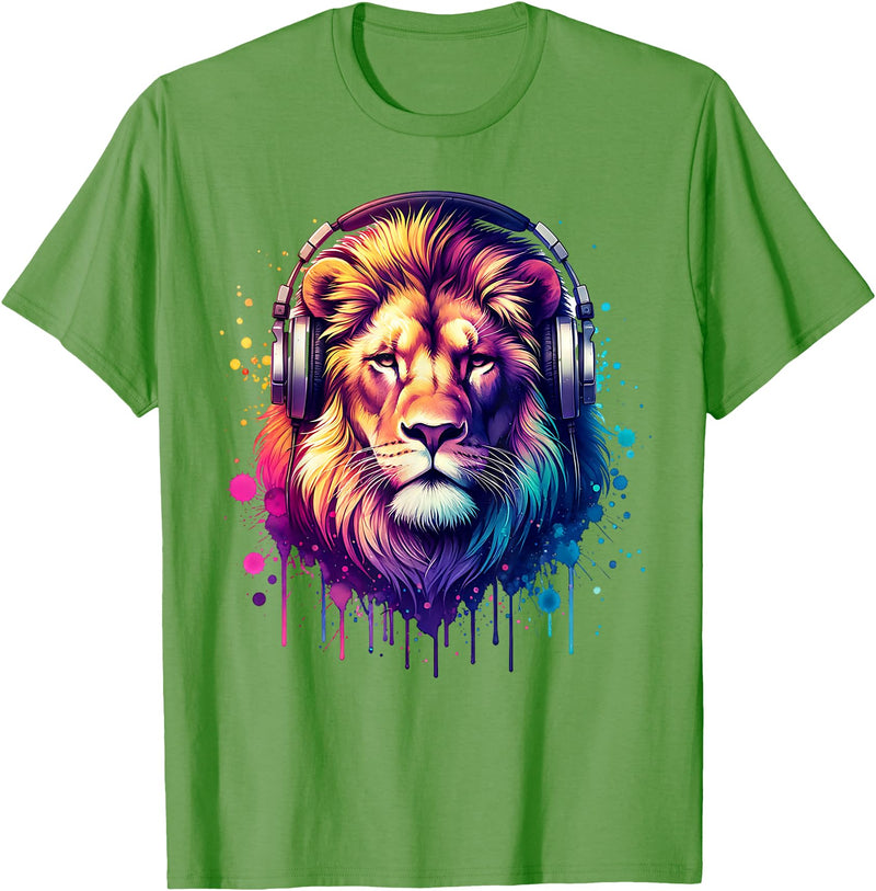 Funny Animal With Headphones Lion with Headphones T-Shirt - Grass Green