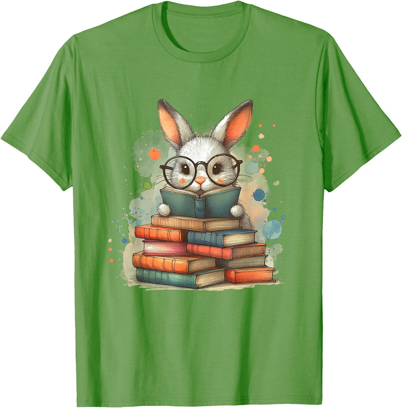 Reading Bunny with Glasses Bookworm Books Reader Unisex-Adults T-Shirt in Grass Green