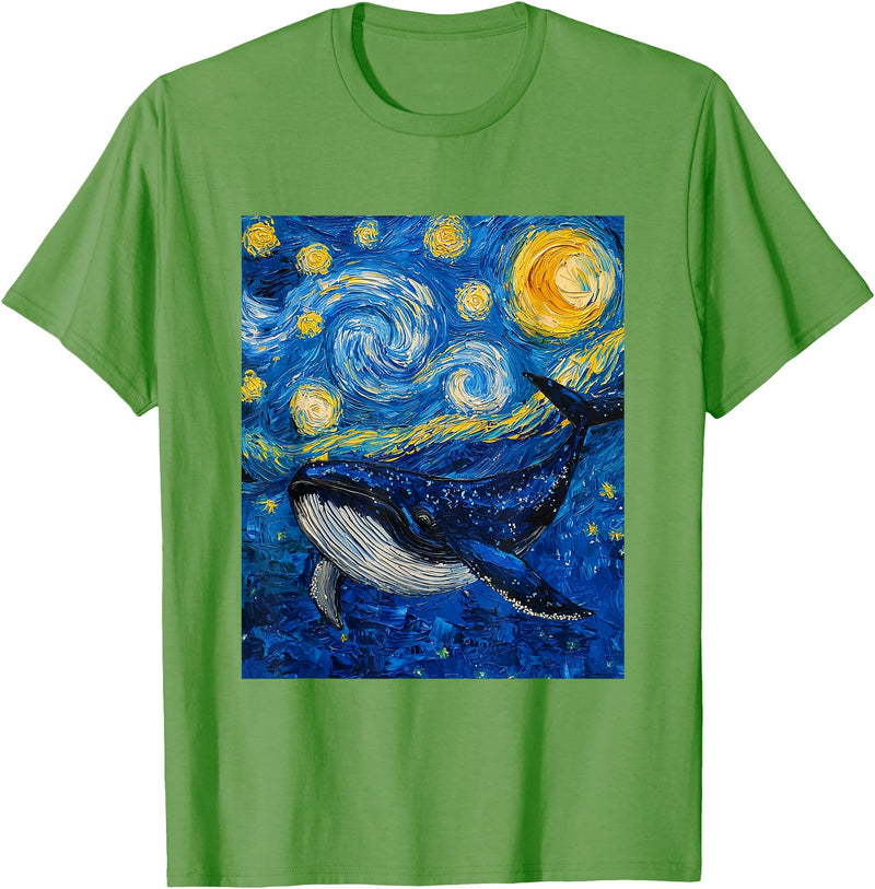 Whale Designs. Whale Fish Van Gogh Style Starry Night Sea Graphic T-Shirt - Grass Green