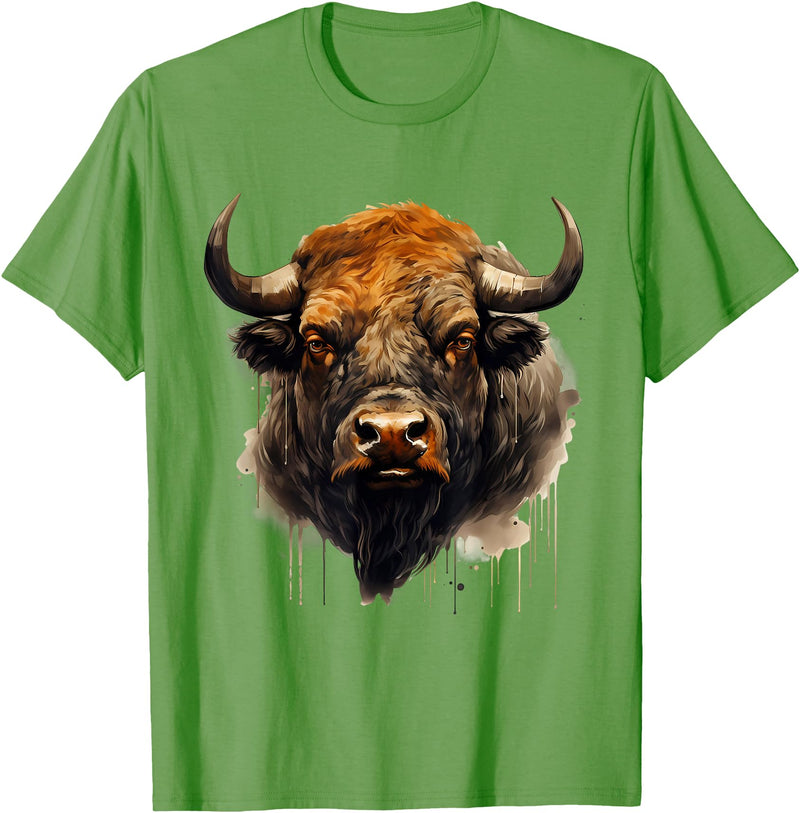 Safari Animal Art Buffalo Animal Print Portrait Bison Nature Artwork T-Shirt - Grass Green