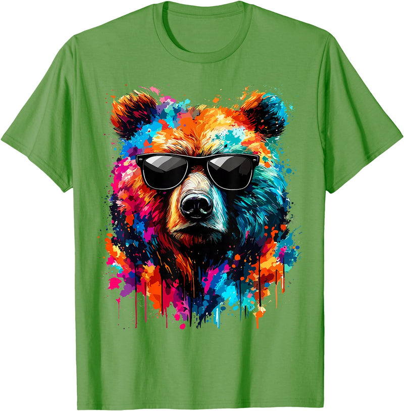 Funny Colorful Bear Lover Wildlife Colourful Bear with Sunglasses T-Shirt - Grass Green