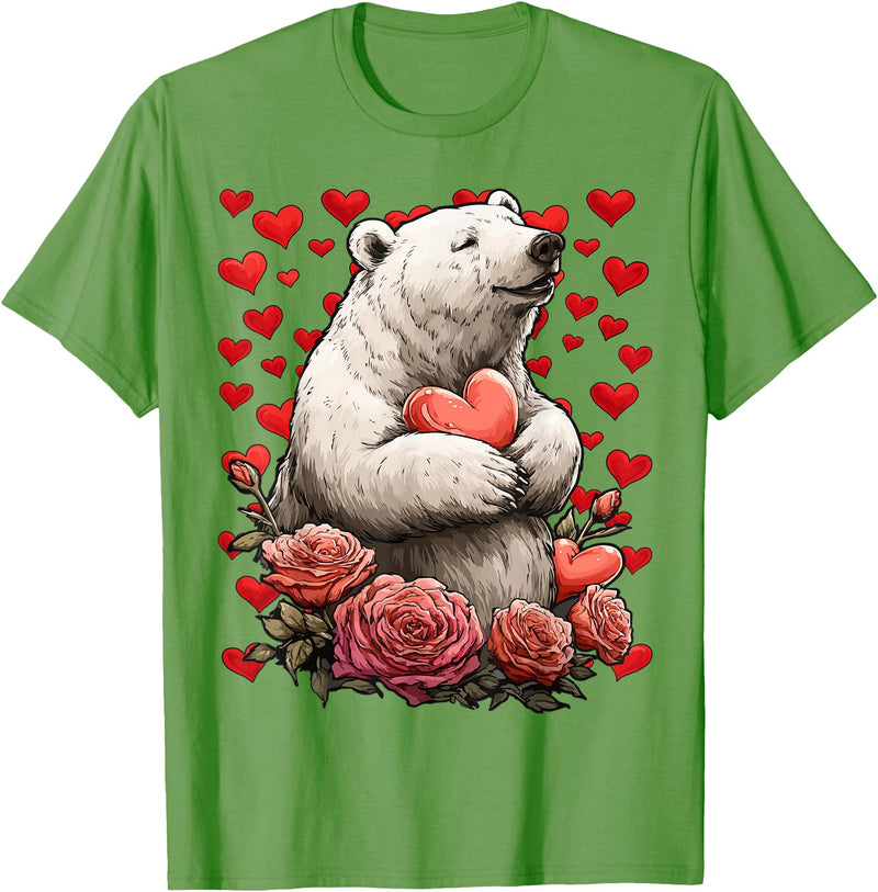 Romantic Animals Valentine’s Day Presents Cute Polar Bear with Red Roses Hearts Valentine’s Day Animal T-Shirt - Grass Green
