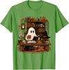 Retro Ghost Reading Funny Halloween Spooky Book Lover T-Shirt - Grass Green