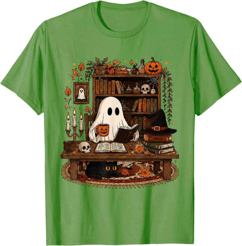 Retro Ghost Reading Funny Halloween Spooky Book Lover T-Shirt - Grass Green