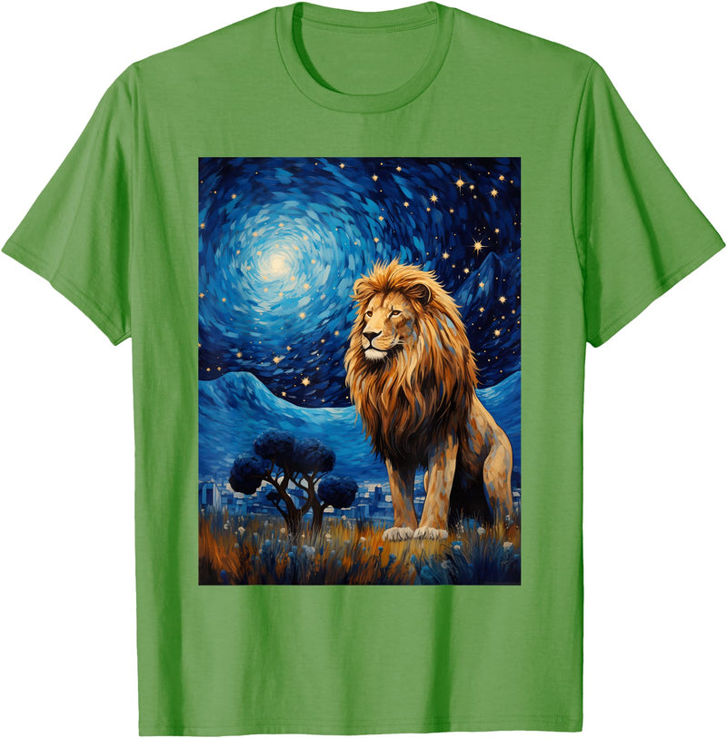 Painting Style Lion Lover Lion Starry Night Van Gogh Style Graphic T-Shirt - Grass Green