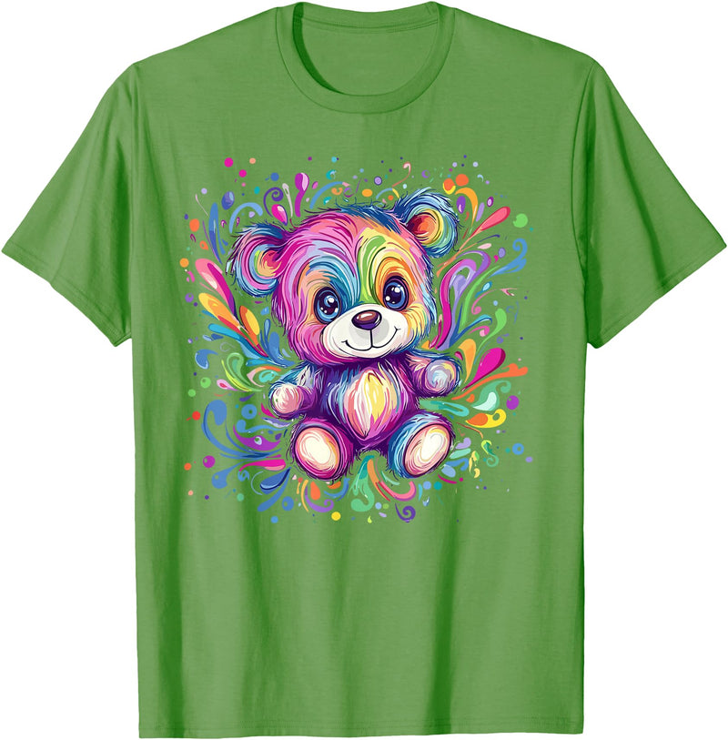 Vibrant Colorful Teddy Bear Illustration Rainbow Splash Teddy Bear T-Shirt - Grass Green