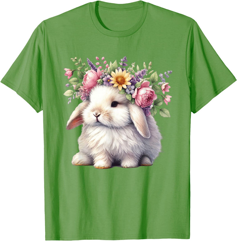 Easter Bunny with Floral Flower Crown Cute Girls Women T-Shirt in Grass Green