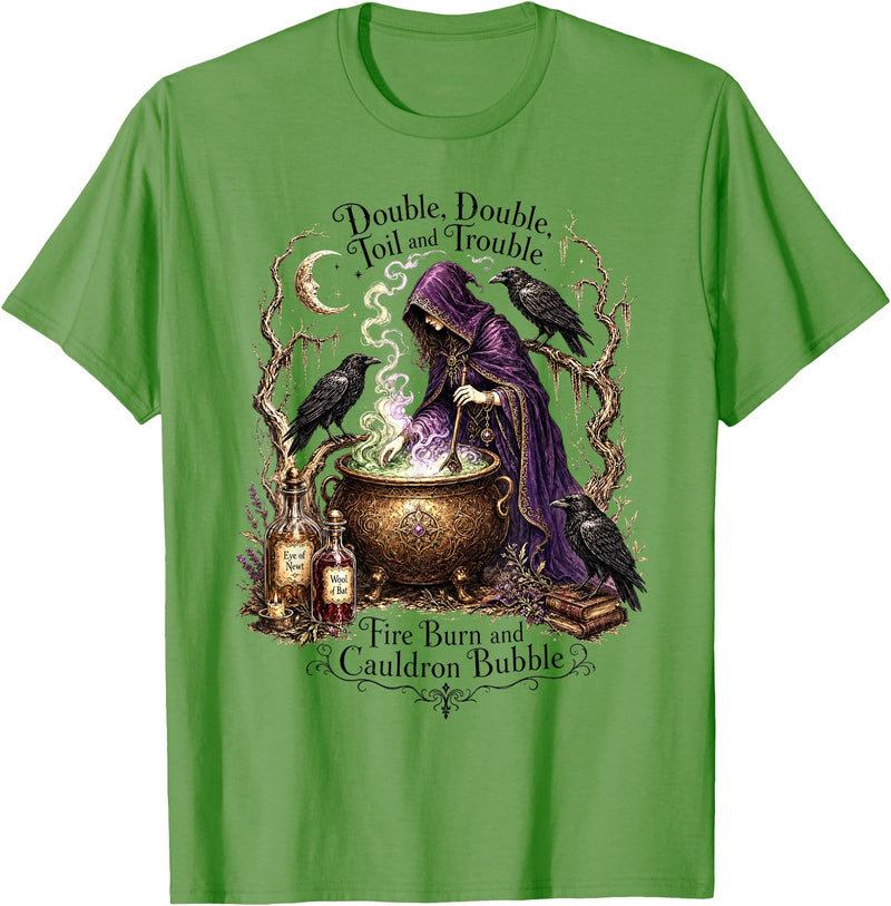 Double Toil And Trouble Witch Gothic Dark Humor Double Double Toil and Trouble Fire Burn Cauldron Bubble T-Shirt - Grass
