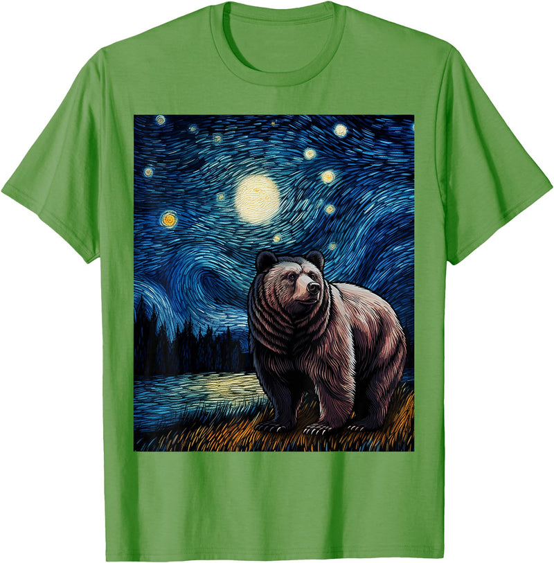 Starry Night Wildlife Graphic Grizzly Bear Van Gogh Starry Night Grizzlies Animal T-Shirt - Grass Green