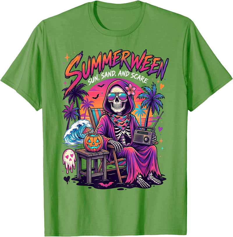 Summerween Halloween in July Spooky Summer Horror summerween Sun Sand and Scare Skeleton Halloween T-Shirt - Grass Green