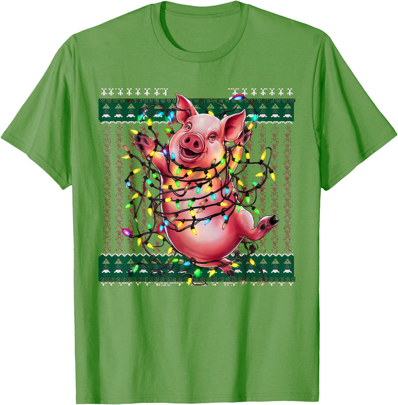 Christmas Sweater Tshirt For Men Women Santa Claus Christmas Family Xmas Ugly Christmas Outfit Merry Pig T-Shirt - Grass Green