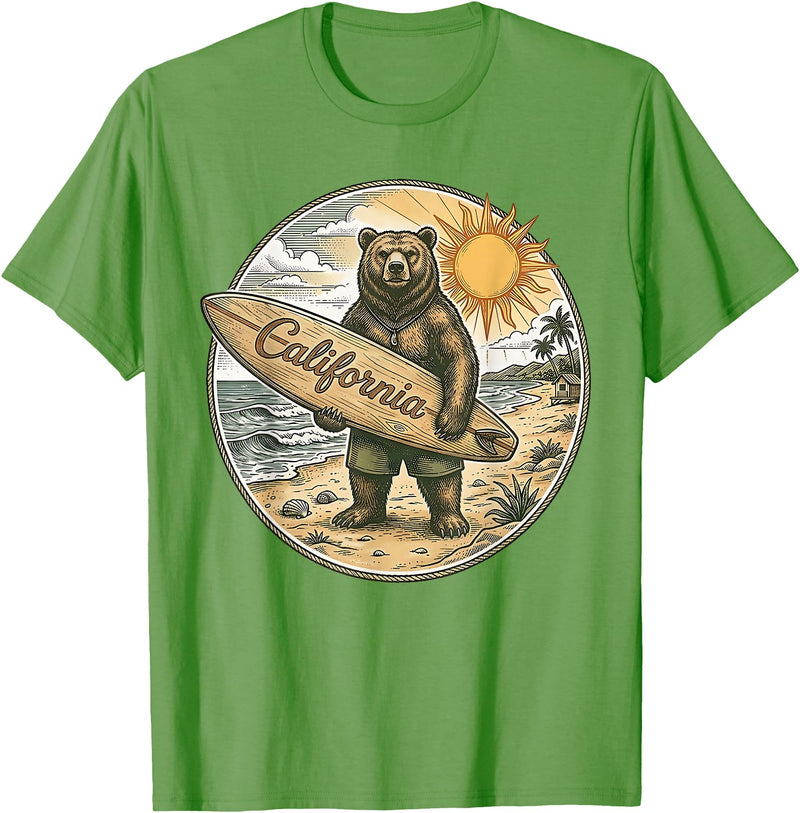 Retro Coastal Surf Bear Vintage Beach Apparel Vintage California Surf Bear Beach Retro Coastal Summer T-Shirt - Grass Green
