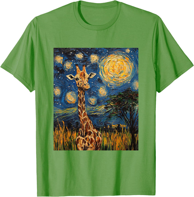 Giraffe Designs. Giraffe Africa Van Gogh Style Starry Night Cute Graphic T-Shirt - Grass Green