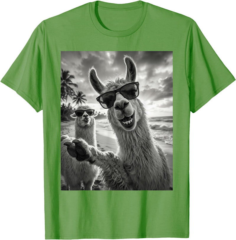 Funny Llama Stuff Accessories & Gifts Cool Llama Selfie At The Beach, Cute Llamas Alpaca T-Shirt - Grass Green