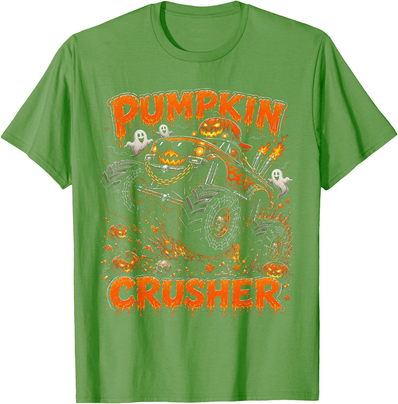 Pumpkin Crusher Kids Halloween Monster Truck Pumpkin Crusher Monster Truck Ghosts Halloween Boys T-Shirt - Grass Green