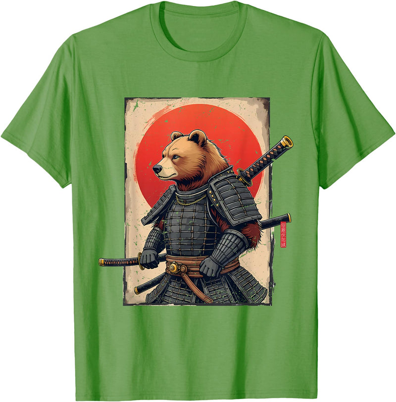 Japanese Samurai Bear Woodblock Art Samurai Brown Bear Ukiyo-e Ink Warrior Art Japanese Bear Art T-Shirt - Grass Green