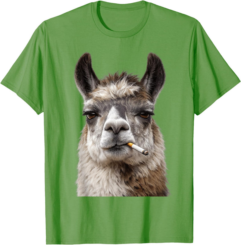 FunWearVM Funny Smoking Llama Cool Animal Lover with Attitude T-Shirt - Grass Green