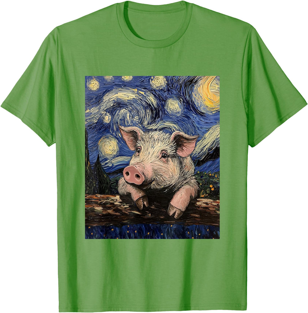 Cute Pigs Designs. Cute Pig Funny Van Gogh Style Starry Night Graphic T-Shirt - Grass Green
