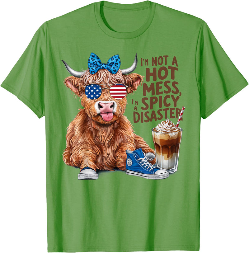 Highland Cow Im Not A Hot Mess Im A Spicy Disaster Cute Highland Cow I'm Not A Hot Mess Im A Spicy Disaster T-Shirt - Grass