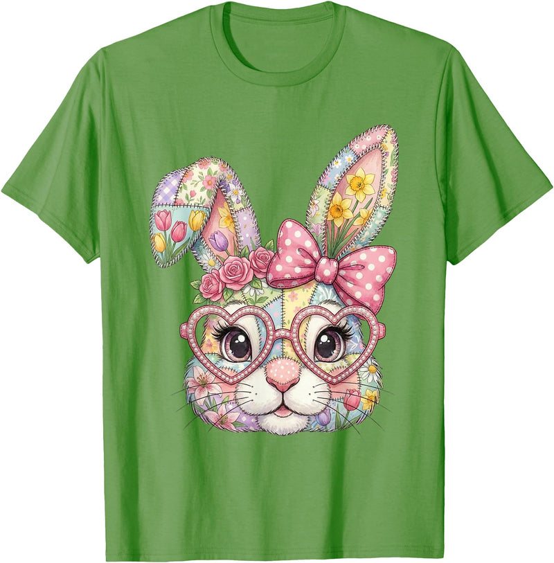 Floral Bunny Rabbit Girl Teens T-Shirt in Grass Green