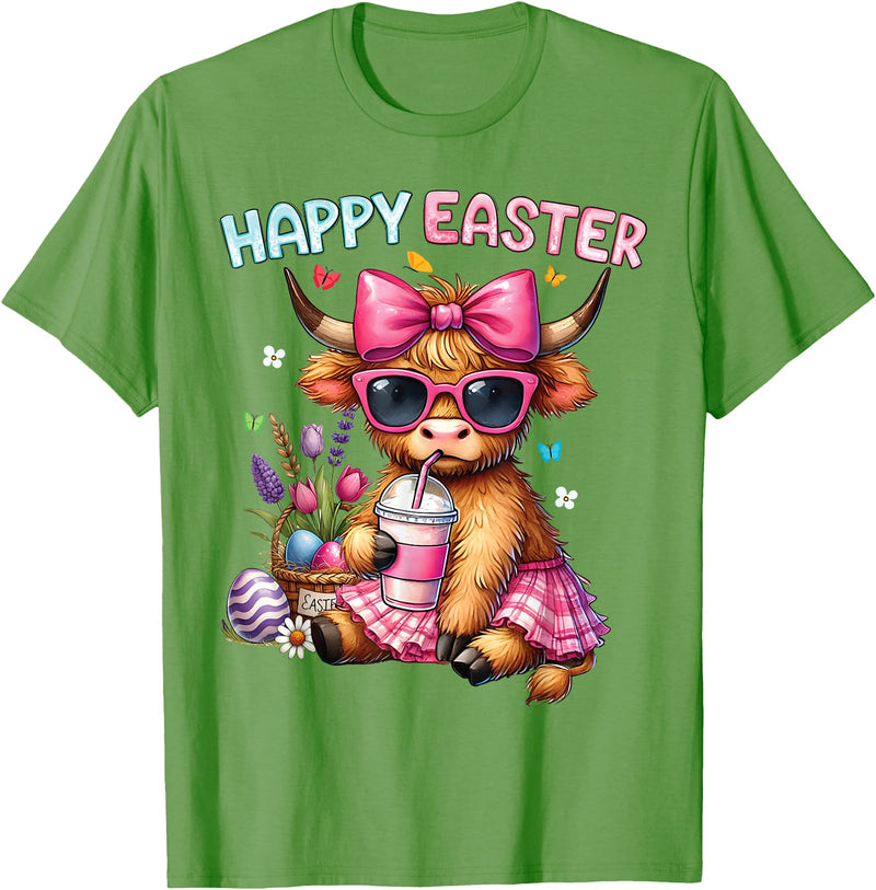 Farm Animal Highland Cow easter Gifts Happy Easter Day Highland Cow Cute Holiday Bunny Women Kids T-Shirt - Grass Green
