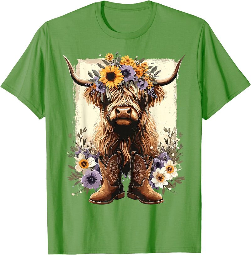 Funny Highland Cow lover Floral Highland Cow Cowboy Boots Western Country T-Shirt - Grass Green