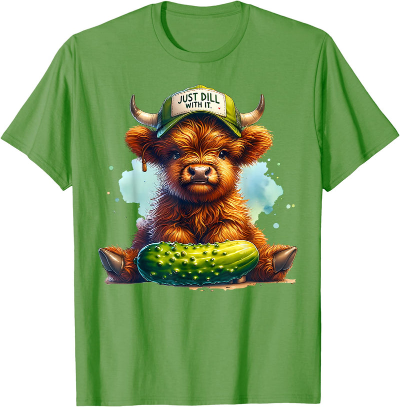 Dill With It Cute Highland Cow Pickle Gardener Dill With It Cute Highland Cow Pickle Hat Farm Animal Lover T-Shirt - Grass