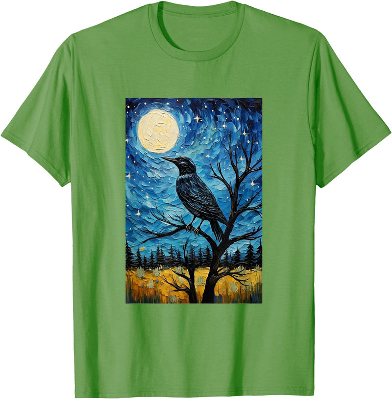 Bird Designs. Magpie Crow Raven Bird Van Gogh Style Starry Night Graphic T-Shirt - Grass Green
