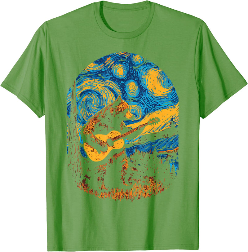 Bear playing Guitar Night-Sky Moon Guitar Grizzly Bear Blues Guitarist Starry Night Musician Music T-Shirt - Grass Green