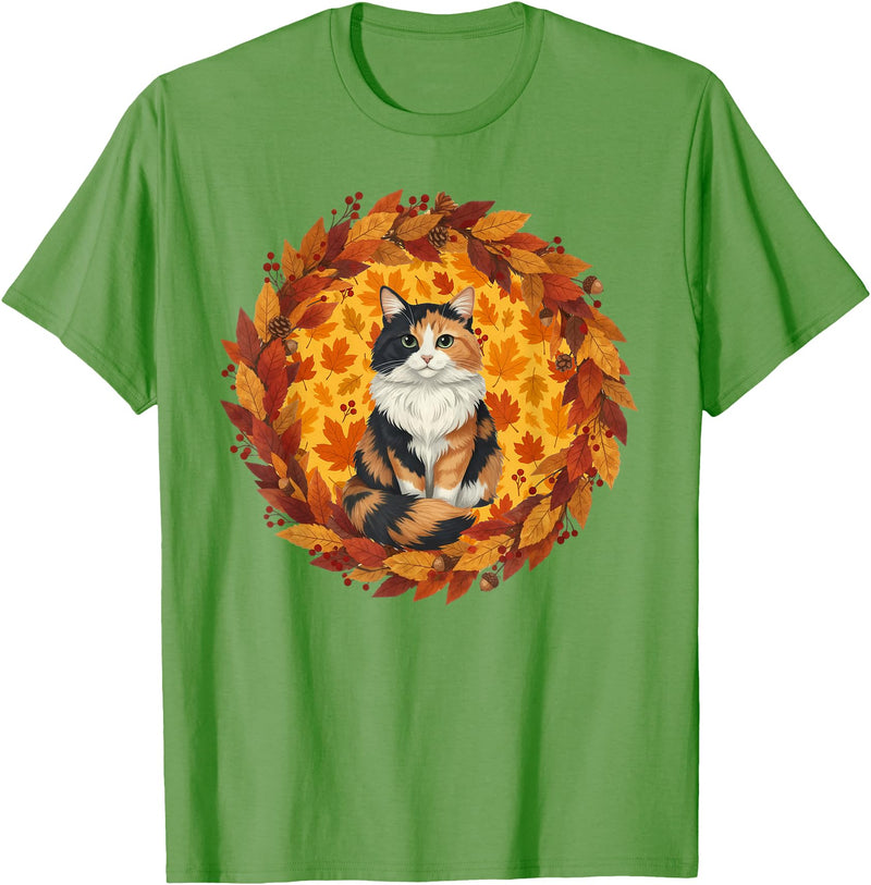 Calico Cat Autumn Fall Halloween Decor Apparel Calico Cat Autumn Leaves Wreath Cozy Fall Halloween T-Shirt - Grass Green