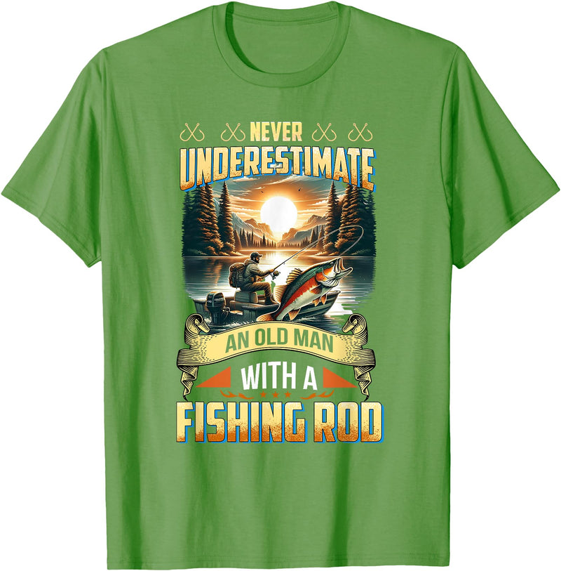 Gift For Grandpa Fisherman Outdoor Nature Lover Never Underestimate an Old Man with A Fishing Rod Scenic Men T-Shirt - Grass Green