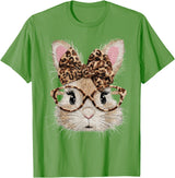 Cute Bunny Rabbit Face Leopard Coquette Bow Glasses Easter T-Shirt in Grass Green