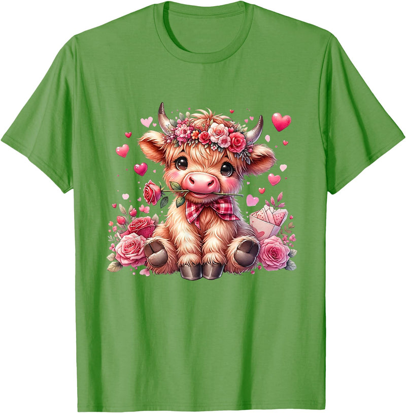 Happy Valentine Highland Cow Costume Love Clothing Valentine Highland Cow Print Cute Love Heart Flowers T-Shirt - Grass Green