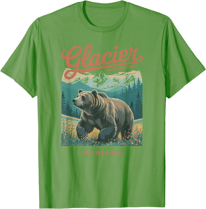 Glacier National Park Montana USA Outdoor Vintage Glacier National Park Retro T-Shirt - Grass Green