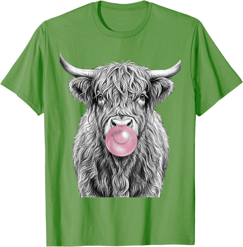 Bovine Bubbles Apparel Shaggy Highland Cow Blowing Bubble Gum Sketch T-Shirt - Grass Green