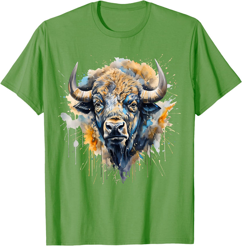 Safari Animal Art Buffalo Portrait Colorful Splash Artwork Wildlife Bison T-Shirt - Grass Green