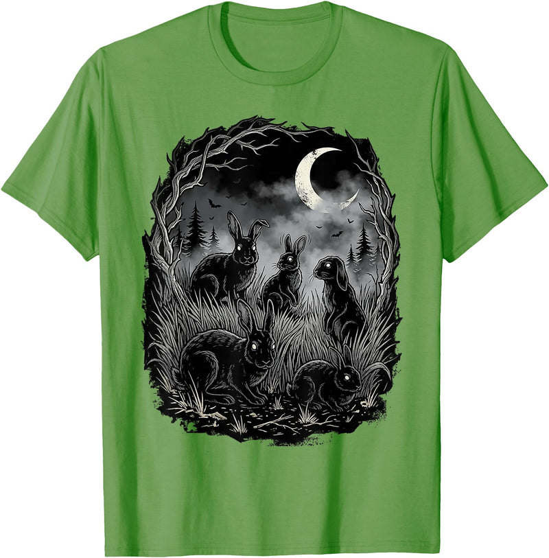 Midnight Woodland Rabbit Art Apparel Graphic Tees Creepy Black Rabbits Moonlit Forest Gothic Horror Halloween T-Shirt -