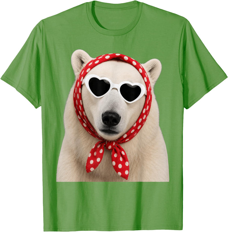 Funny Polar Bear with Sunglasses Cute Polar Bear Lover Heart Sunglasses T-Shirt - Grass Green