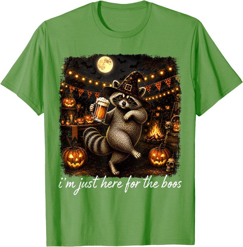 Halloween Tees Kids Women Men I'm Just Here for The Boos Funny Raccoon Pumpkin Halloween T-Shirt - Grass Green
