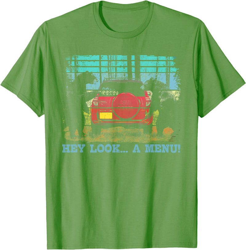 Funny Camping Lovers Gift Tee Hey Look A Menu Funny Bear Camping Retro Vintage Camper Car T-Shirt - Grass Green