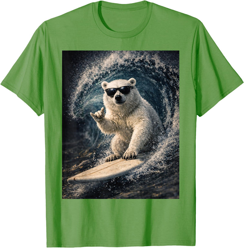 White Bear Surfing Waves Funny Animal Apparel Funny Polar Bear Surfer Catching Waves | Shaka Funny Animal T-Shirt - Grass Green