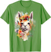 Llama Bloom Studio Cute Llama Floral Crown Watercolor Animal Art T-Shirt - Grass Green
