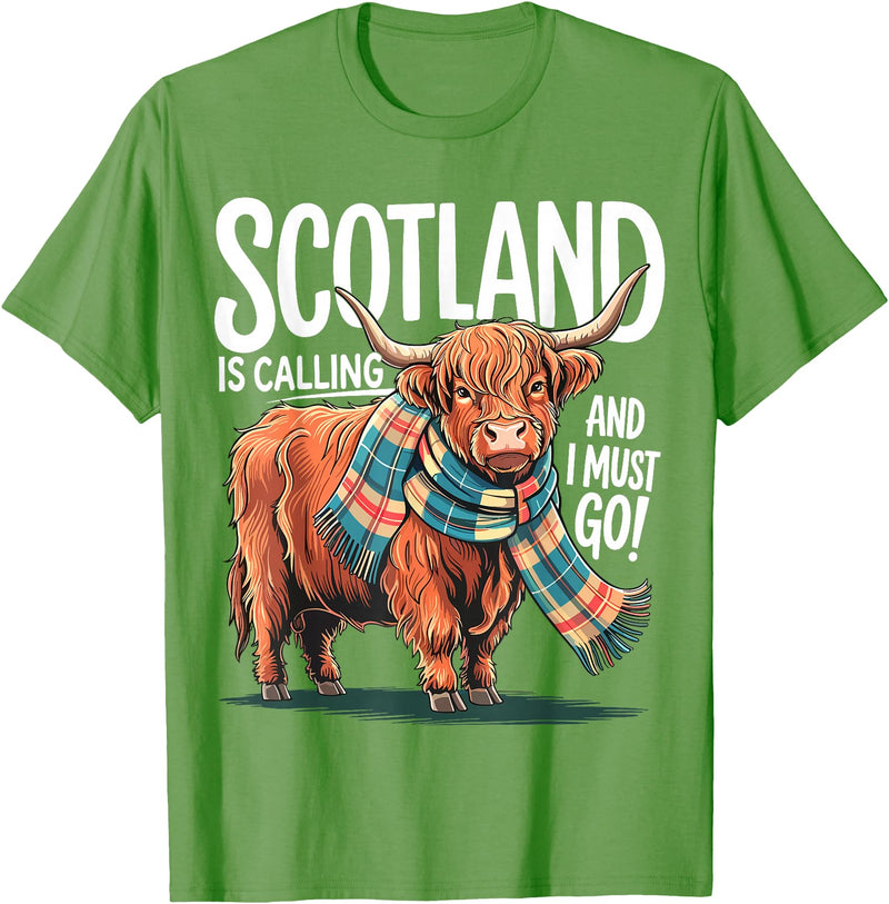 Funny Scottish Highland Cow Scotland is Calling and I Must go Scottish Highland Cow T-Shirt - Grass Green