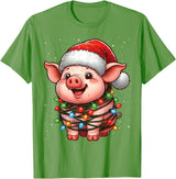 Wrapped with Christmas Lights Pig Christmas Lights Santa Hat Xmas Snow T-Shirt - Grass Green