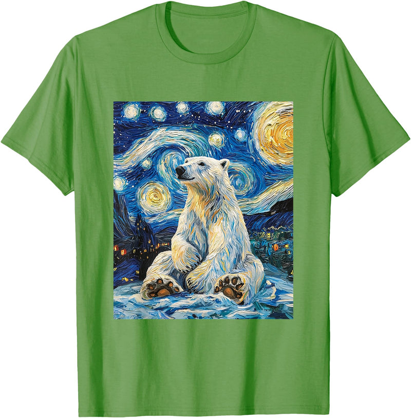 Bear Designs. Cute Polar Bear Van Gogh Style Starry Night Funny Graphic T-Shirt - Grass Green