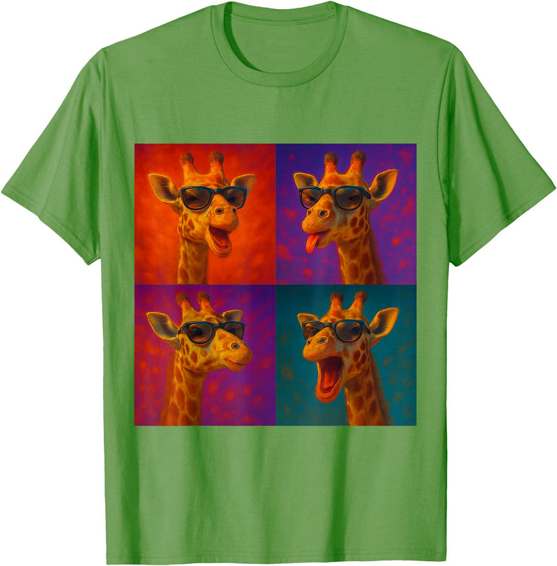 Colorful 4 Photos Animals Giraffe Sunglasses Funny Faces Collage Pop Art T-Shirt - Grass Green