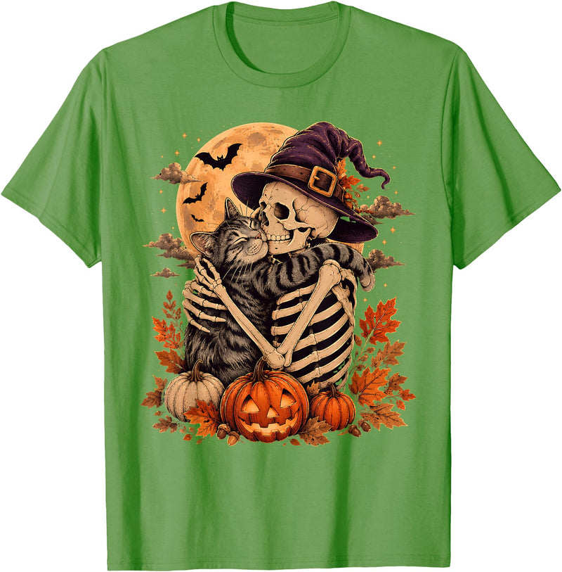 Vintage Spooky Halloween Cat Lover Autumn Cute Skeleton Hugging Cat Halloween Witch hat Pumpkin Moon T-Shirt - Grass Green